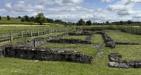 A stone wall in a field with Vindolanda in the background

AI-generated content may be incorrect.